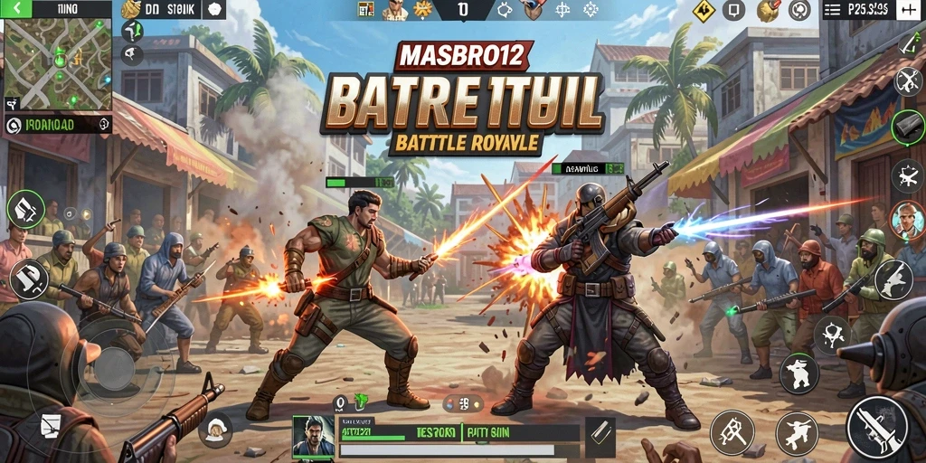 Screenshot utama MASBRO12 menampilkan aksi seru di medan perang Battle Royale.