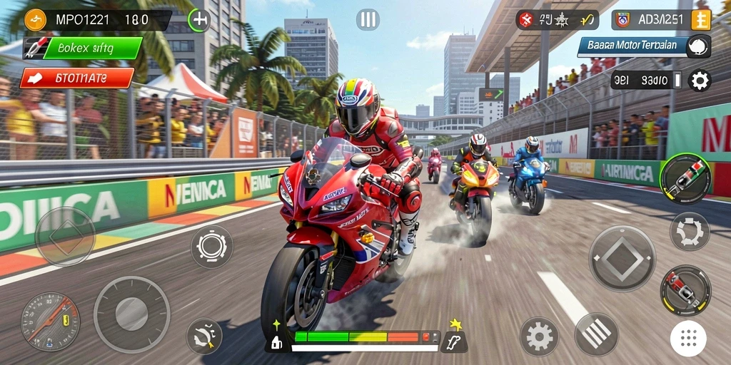 Tampilan gameplay seru dari MPO1221 dengan aksi balapan motor yang mendebarkan.