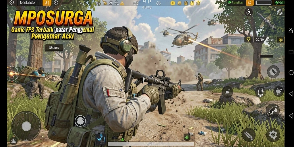 Screenshot utama MPOSURGA menampilkan pertempuran intens di medan perang.
