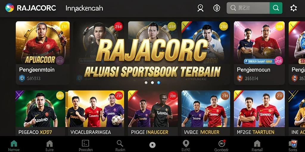 Screenshot utama RAJACORC menampilkan antarmuka aplikasi Sportsbook yang menarik.