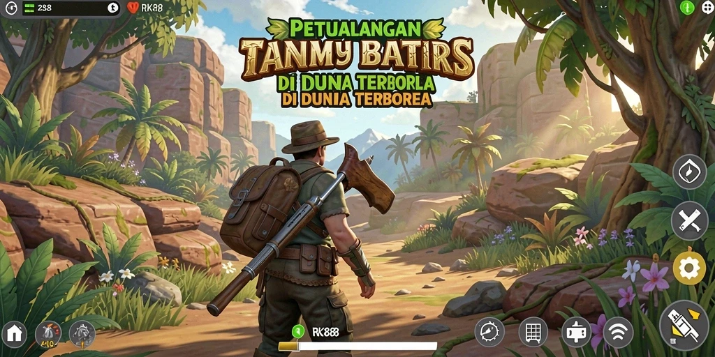 Tangkapan layar gameplay RK88 menampilkan dunia terbuka yang indah dan interaktif.
