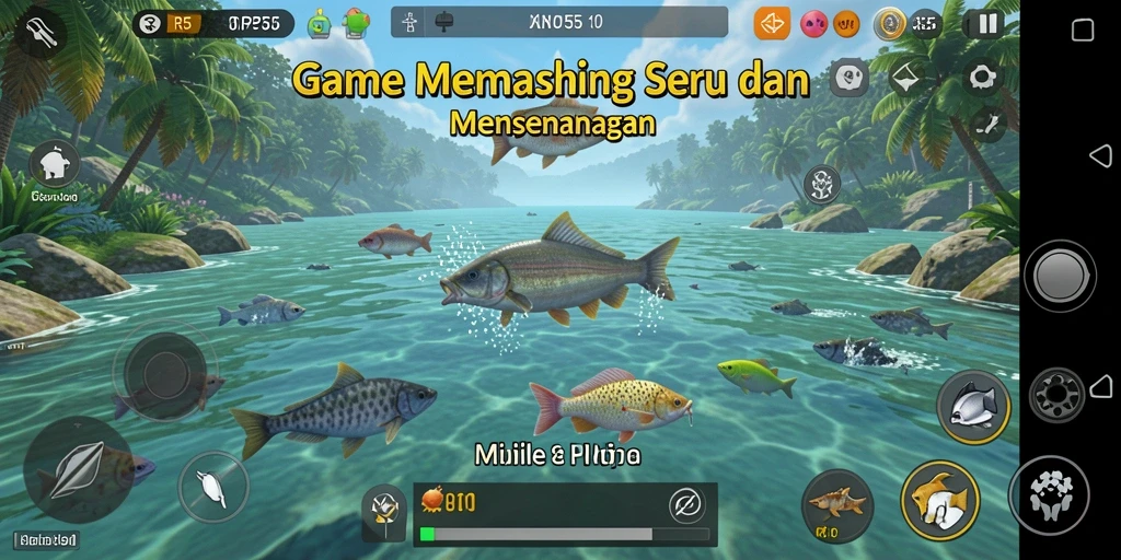 Screenshot utama RP55 menampilkan pemain yang sedang memancing di lokasi yang indah.