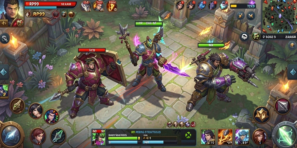 Screenshot utama RP99 menampilkan aksi intens di permainan MOBA.