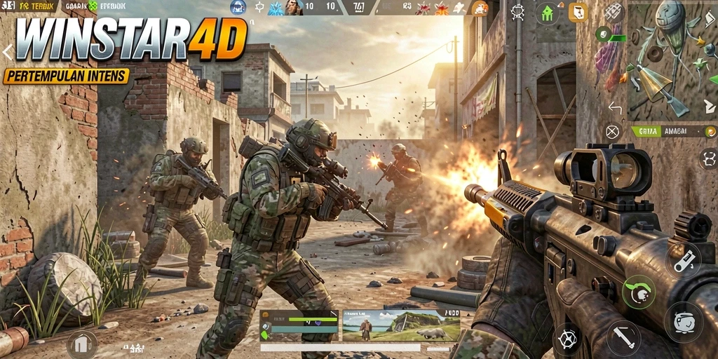 Screenshot gameplay WINSTAR4D menampilkan pertempuran intens dan aksi mendebarkan.